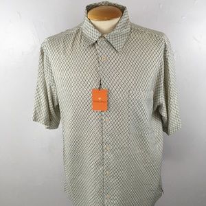 Toscano button down 100% silk cream blue short sleeves large L casual shirt